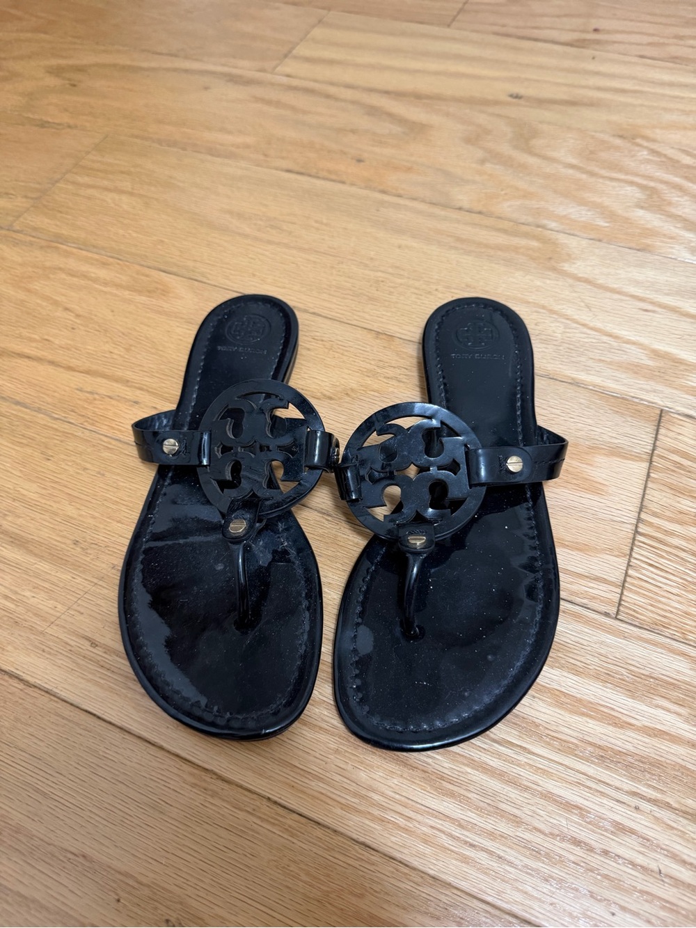 Tory Burch Black Patent Logo Thong Sandals